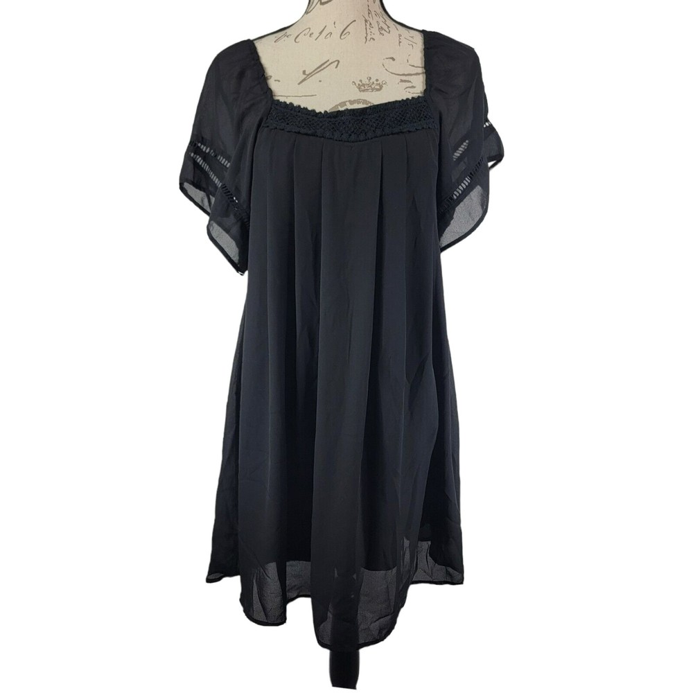 Umgee Small Black Baby Doll Dress Square Neck Sheer Detailing Womens
